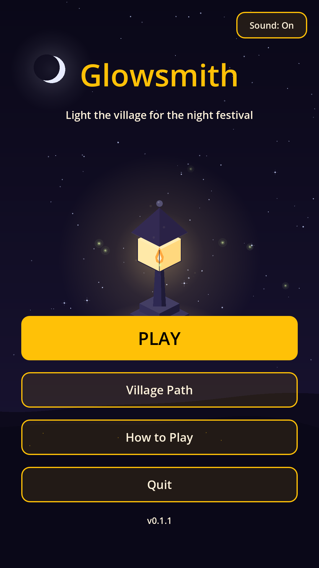 Glowsmith Main Menu showing nighttime village and lanterns